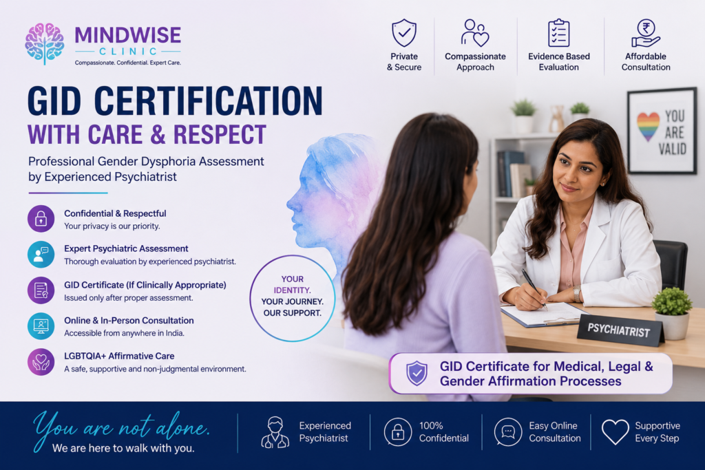 Image Alt Text:Psychiatrist providing confidential GID Certification consultation at Mindwise Clinic