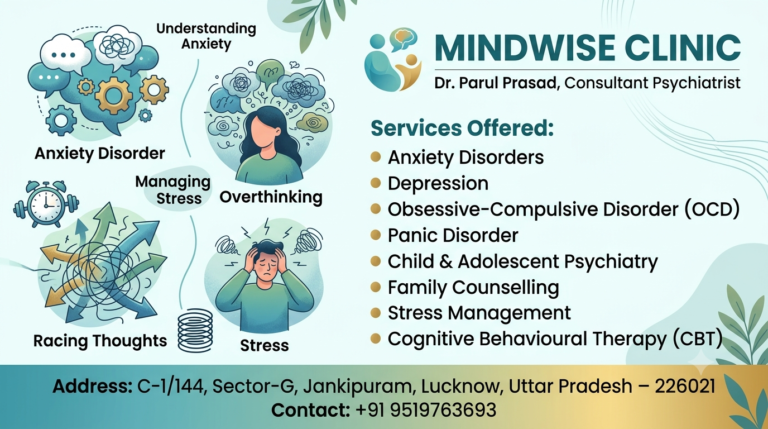 Person experiencing anxiety and racing thoughts with visual representation of overthinking, alongside expert psychiatric care from Mindwise Clinic.