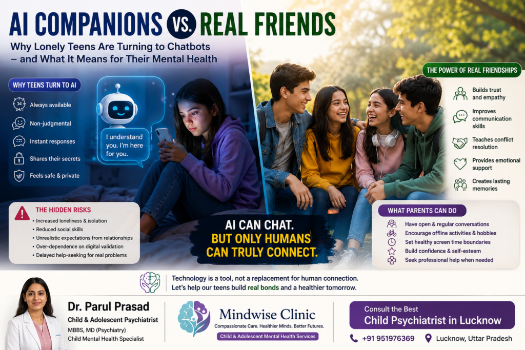 Teenager sitting alone talking to an AI chatbot on a smartphone while friends interact in the background.