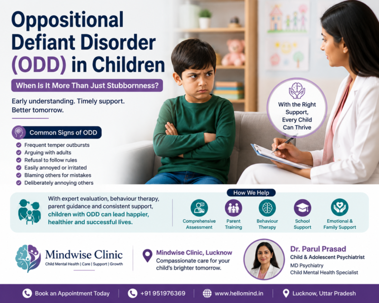 Child psychiatrist counselling a young child with behavioural problems at Mindwise Clinic Lucknow