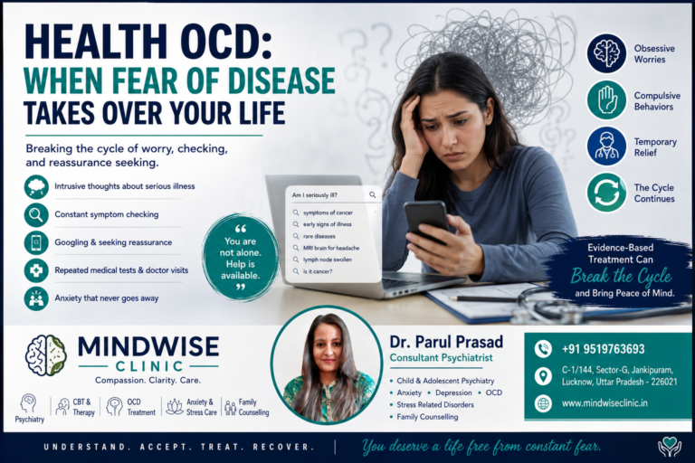 Illustration of Health OCD showing intrusive fears of serious illness, compulsive symptom checking, and evidence-based psychiatric treatment at Mindwise Clinic by Dr. Parul Prasad.