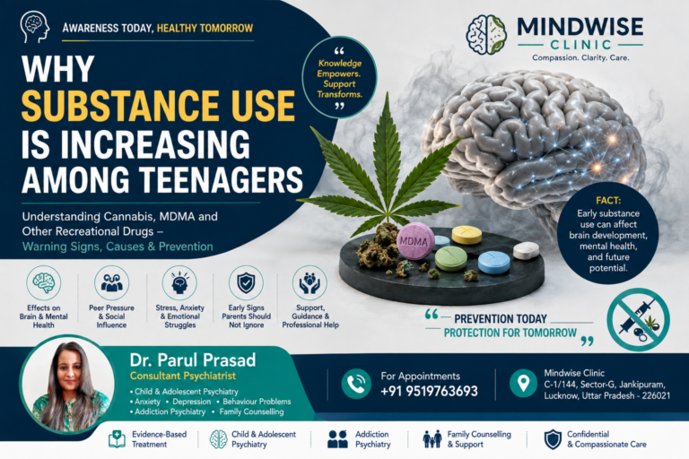 Concerned parents talking to a teenager about cannabis and MDMA use while consultant psychiatrist Dr. Parul Prasad explains substance abuse prevention and adolescent mental health.